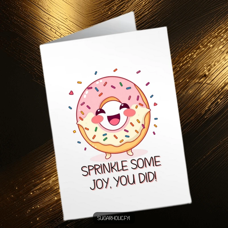 Funny Free Printable Congrats Card: A laughing donut character juggles colorful sprinkles, celebrating great achievements.