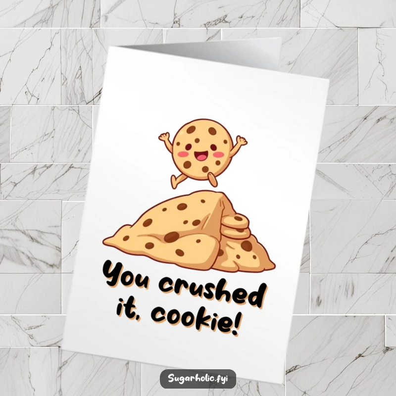 Funny Free Printable Congratulations Card: A gleeful cookie character triumphantly leaps over a huge pile of cookies.