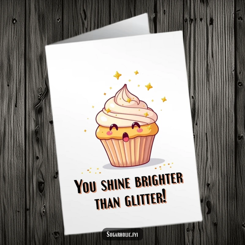 Funny Free Printable Congratulations Card showing a delighted cupcake covered in edible glitter stars, celebrating success.