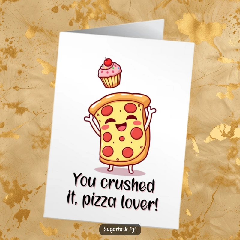 Free Printable Congratulations Card: Amused pizza gleefully tossing a mini cupcake, signifies witty congratulations, perfect downloadable art.