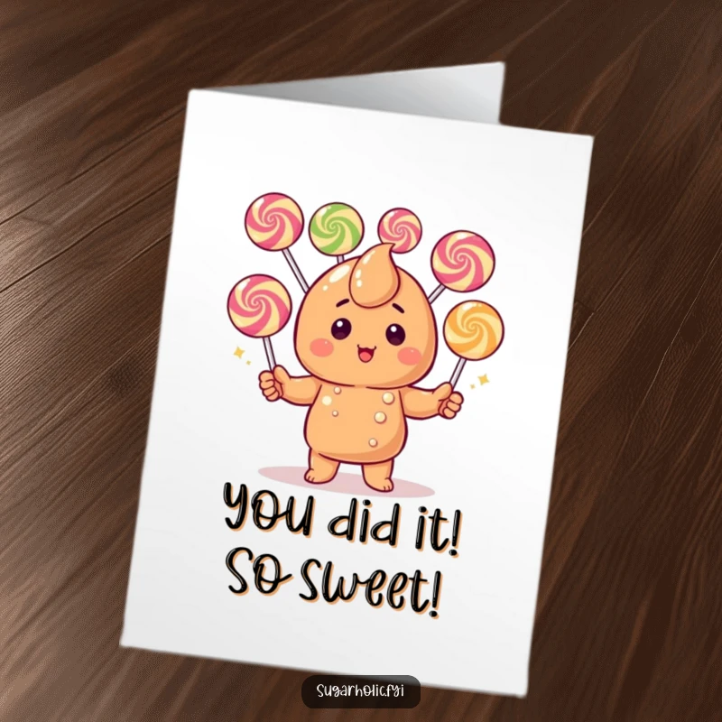 Funny Free Printable Congrats Card: A blushing caramel candy character skillfully juggles gumdrops, celebrating your success with sweet humor.