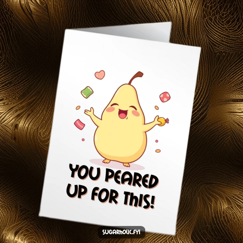 Funny Free Printable Congratulations Card with a laughing pear skillfully juggling candies, signifying a sweet victory.