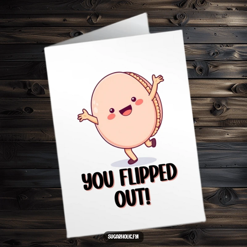 Funny Free Printable Congratulations Card: A cheerful macaron character performs a cartwheel, celebrating with a big smile.