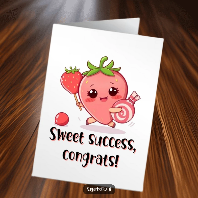 Funny Free Printable Congratulations Card: Blushing strawberry chasing a runaway piece of candy, symbolizing the pursuit of sweet rewards.