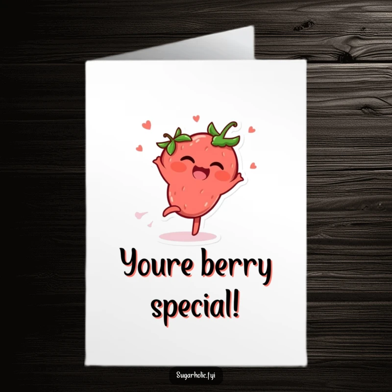 Funny Free Printable Congratulations Card showing a delighted strawberry character doing a cartwheel with a big smile.