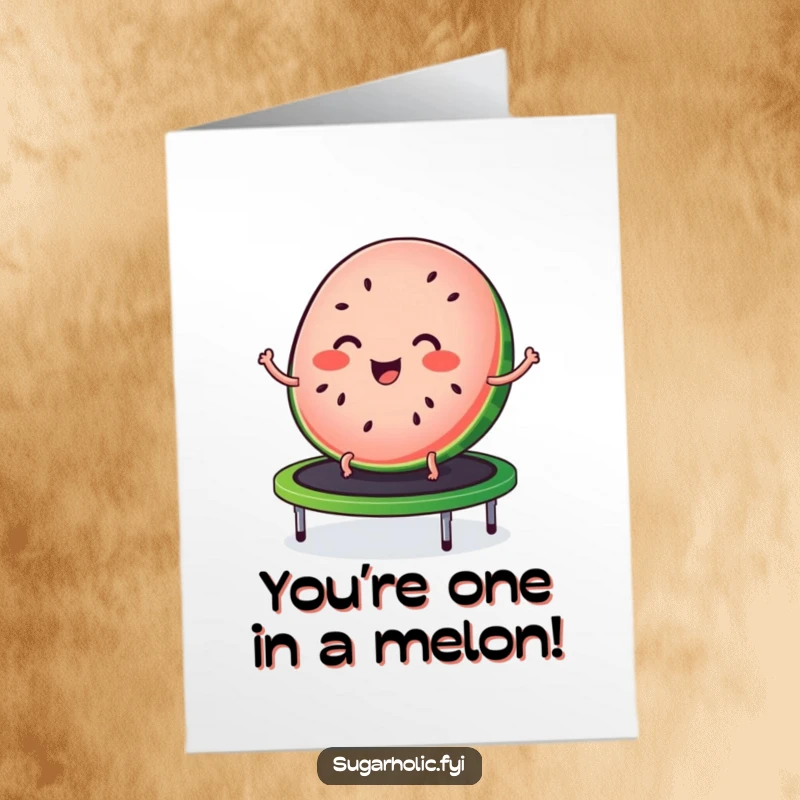 Funny free printable congratulations card with a joyful watermelon slice, seeds like freckles, bouncing on a trampoline.