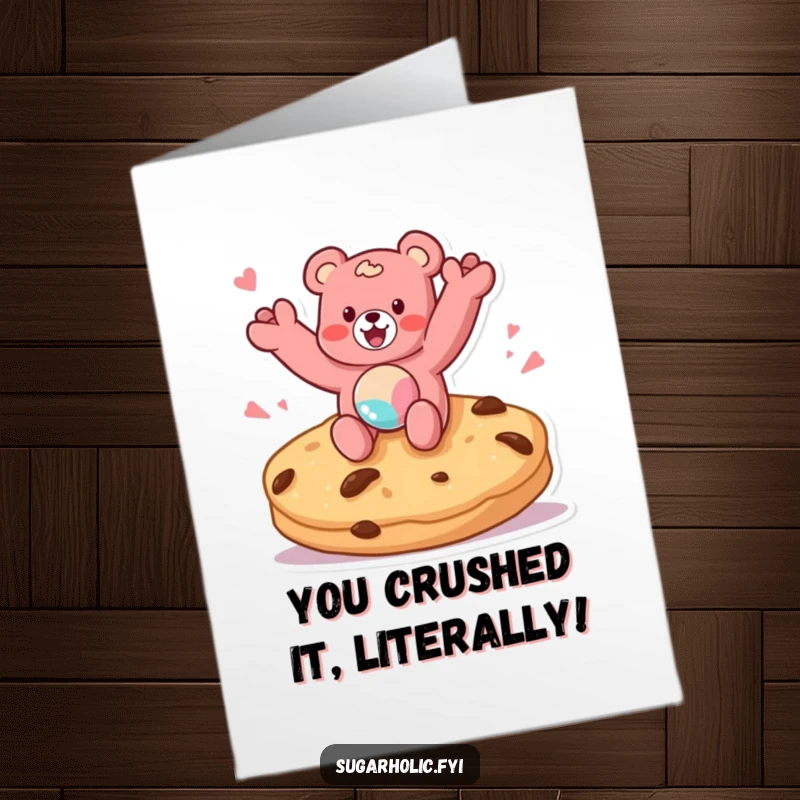 Funny Free Printable Congratulations Card: Gummy bear character joyfully jumping on a giant cookie.