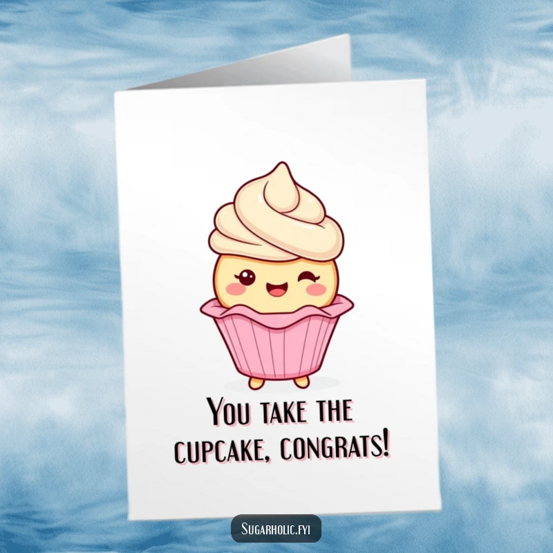 Funny Free Printable cupcake character with frosting, wiggling its wrapper with excitement to congratulate someone.