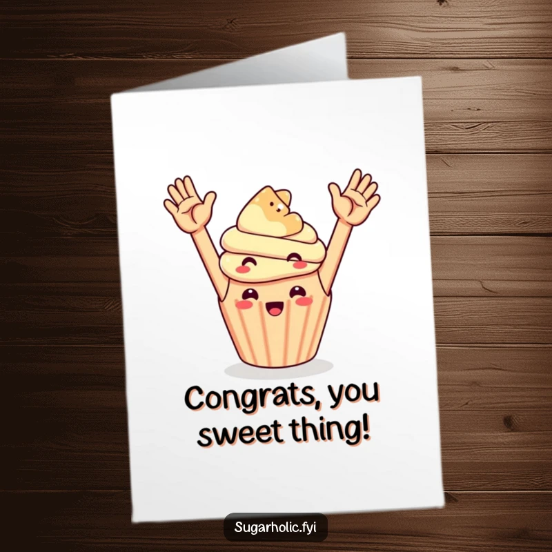 Funny free printable congratulations card featuring a happy cupcake high-fiving a floating gummy bear.