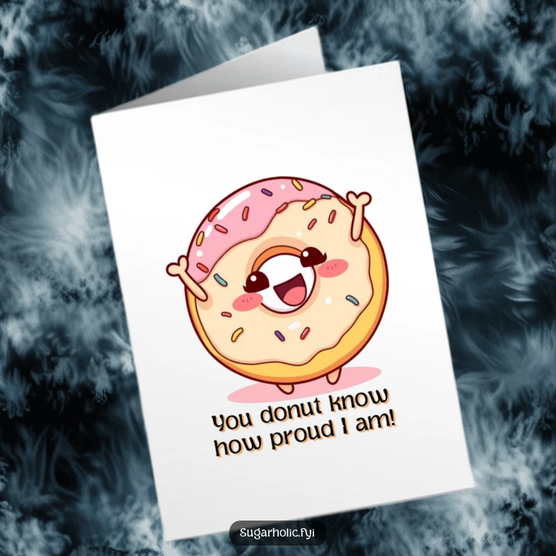 Funny Free Printable donut character with sprinkles, bouncing with excitement to congratulate someone on their achievement.