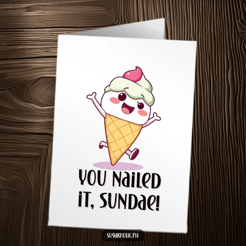 Funny Free Printable Congratulations Card: A delighted ice cream cone cartwheels with glee, spreading exciting news.