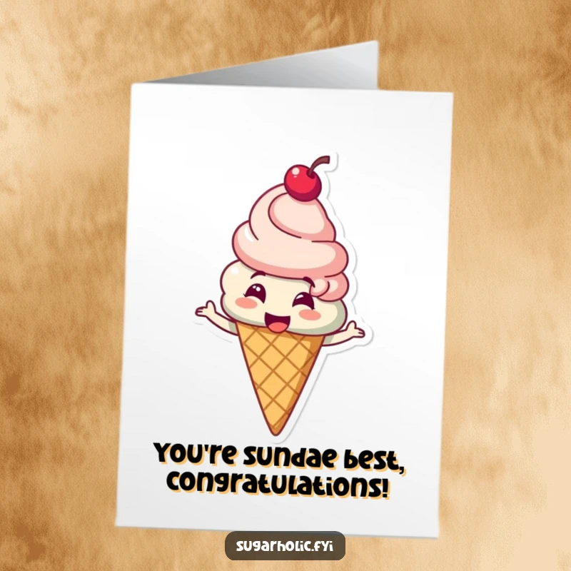 Funny Free Printable ice cream cone character with a cherry on top, spinning with glee to congratulate someone.