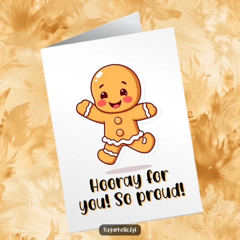 Free printable congratulations card of a blushing gingerbread man character joyfully leaping to celebrate success.