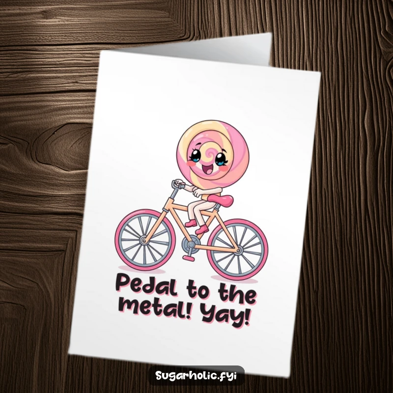 Funny Free Printable Congratulations Card: Lollipop character excitedly rides a tiny rock candy bicycle, celebrating a big win.