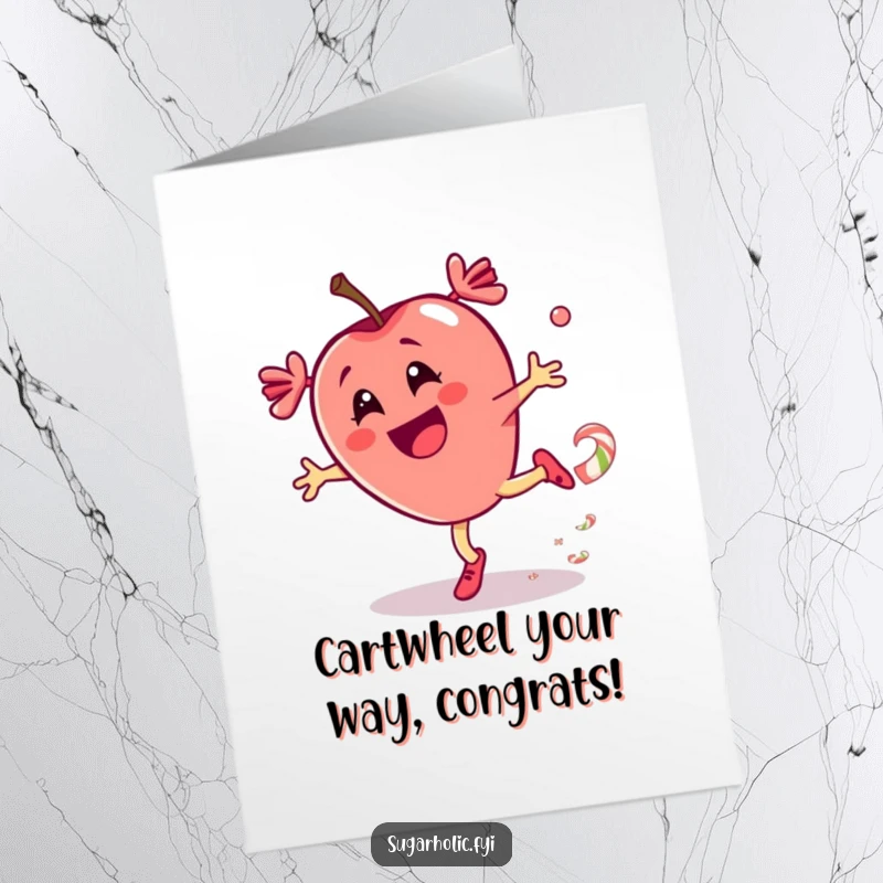 Funny Free Printable Congratulations Card: A thrilled candy apple character executes a flawless cartwheel, trailing colorful candy.