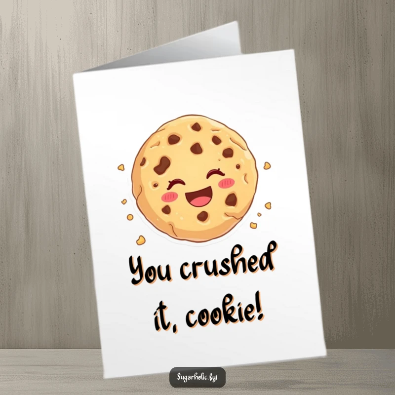 Funny Free Printable Congratulations Card where a cookie happily crumbles apart, conveying joyous achievement.