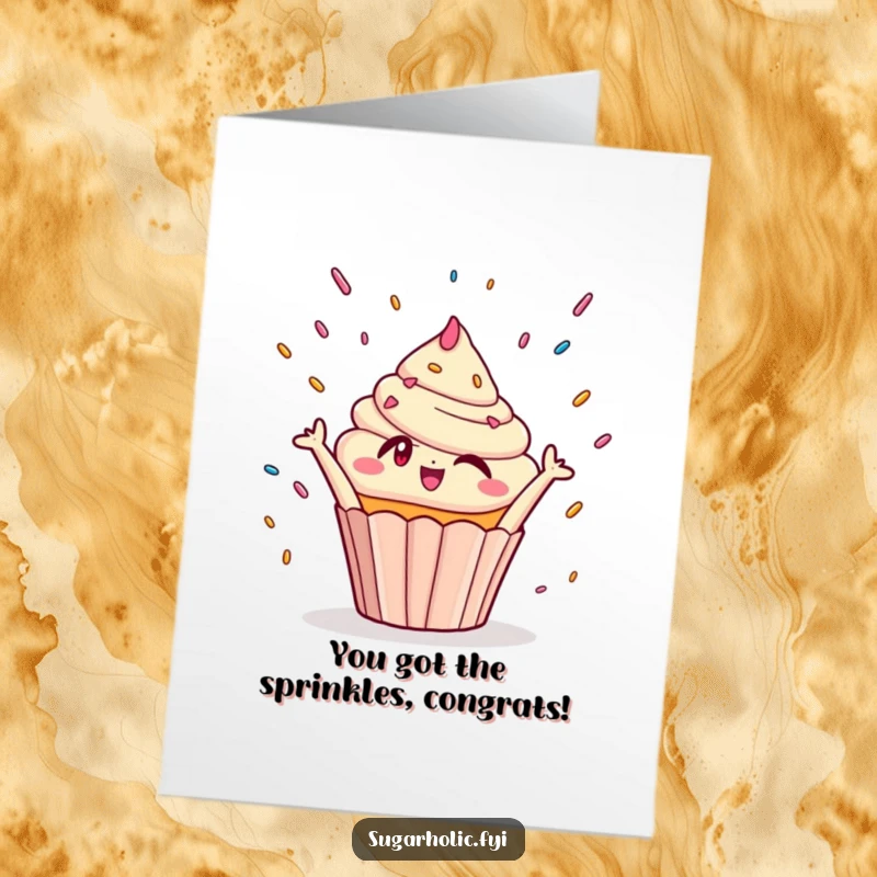 Funny Free Printable Congratulations Card: Winking cupcake reaching for raining sprinkles, a joyful and humorous congrats.