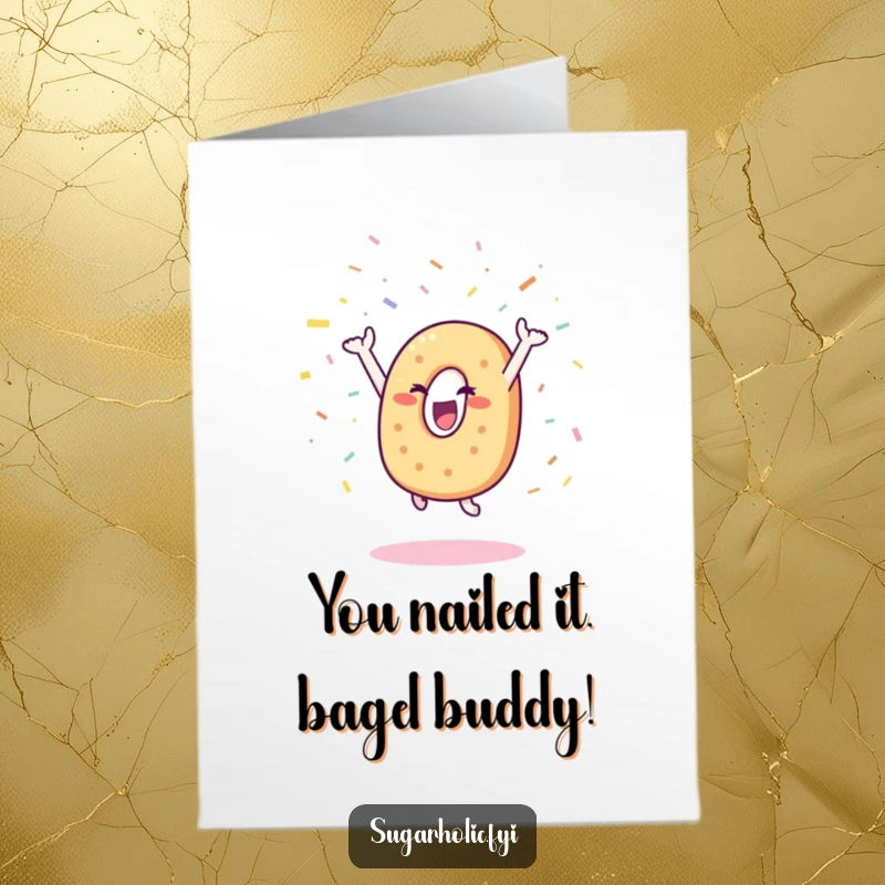 Free Printable Congratulations Card: Happy bagel character leaps with joy, showering colorful confetti, perfect downloadable art.