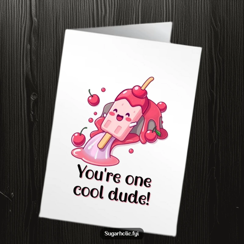 Funny Free Printable Popsicle Congratulations Card: A gleeful popsicle character sliding down a cherry syrup waterfall, cheering success.