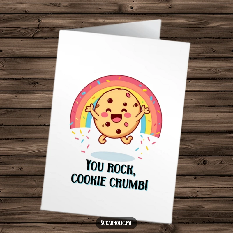 Funny free printable congratulations card showing a happy cookie character mid-leap through a vibrant rainbow of sprinkles, celebrating success with joy.