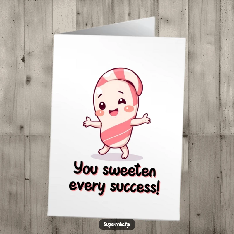 Funny Free Printable Congrats Card: A giggling candy cane character dances sillily to celebrate achievements.