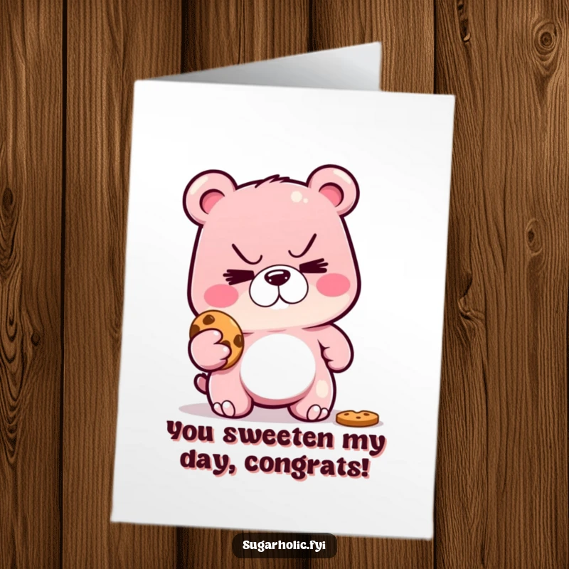 Funny Free Printable Congrats Card: Gummy bear celebrating a win by stealing a cookie with a cheeky grin.