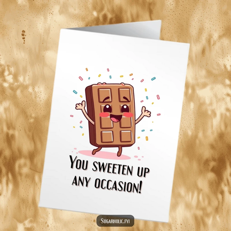 Funny Free Printable Congratulations Card: A smiling chocolate bar character doing a silly dance, surrounded by confetti.
