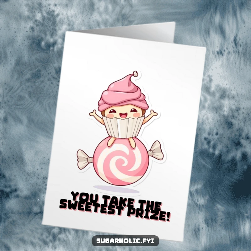 Funny Free Printable Congrats Card: Cupcake character bouncing on candy, symbolizing sweet victory.