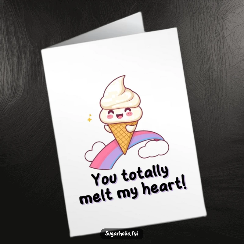 Funny Free Printable Congrats Card: A gleeful ice cream cone character slides down a rainbow, signifying success.