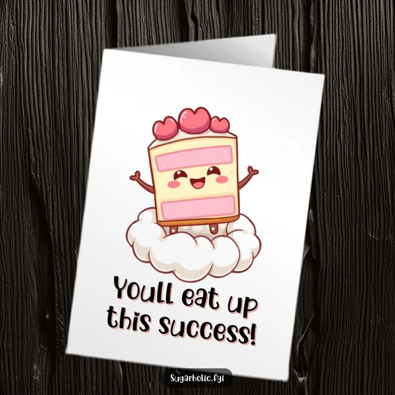 Funny free printable congratulations card showing a happy cake slice bouncing on a cloud of whipped cream.