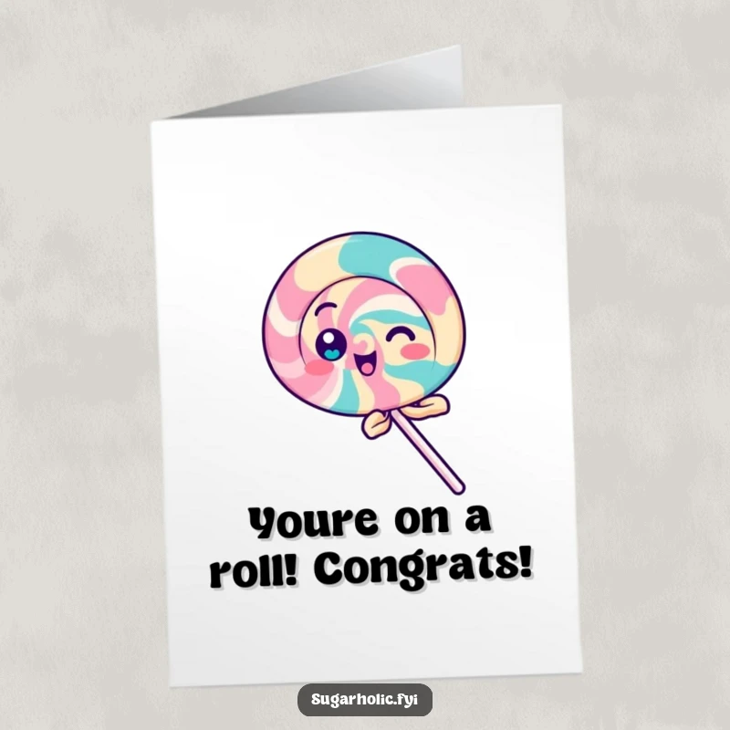 Free printable congratulations card showing a playful lollipop character spinning enthusiastically to celebrate an achievement.