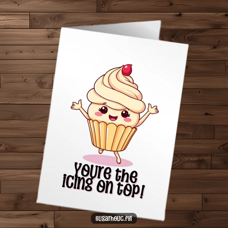 Funny free printable congratulations card of a cheerful cupcake character dancing energetically with playful frosting swirls, celebrating a sweet victory.