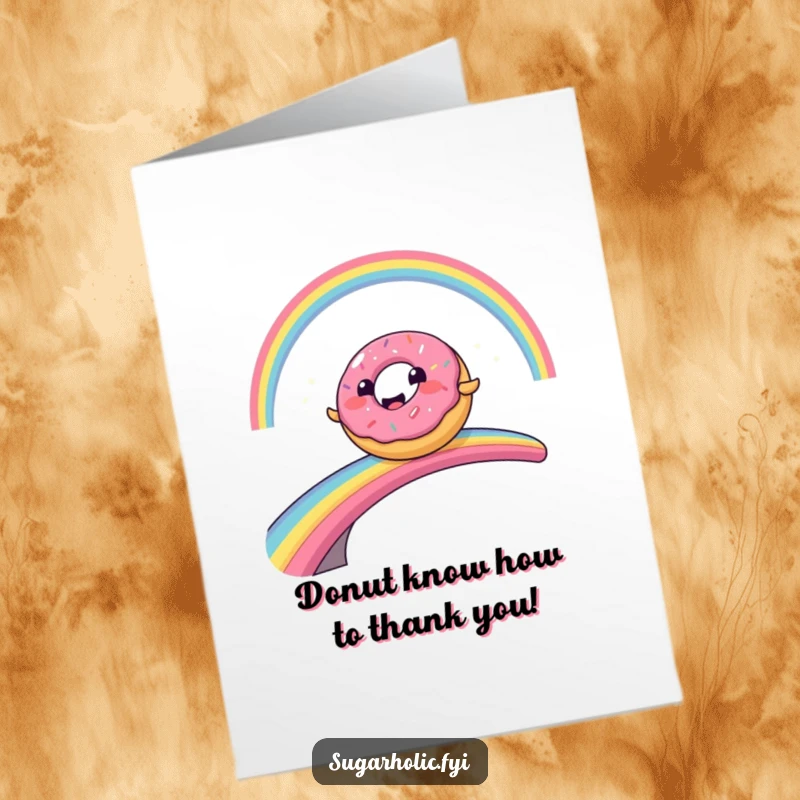 Funny free printable thank you card with a smiling donut character comically sliding across a rainbow.