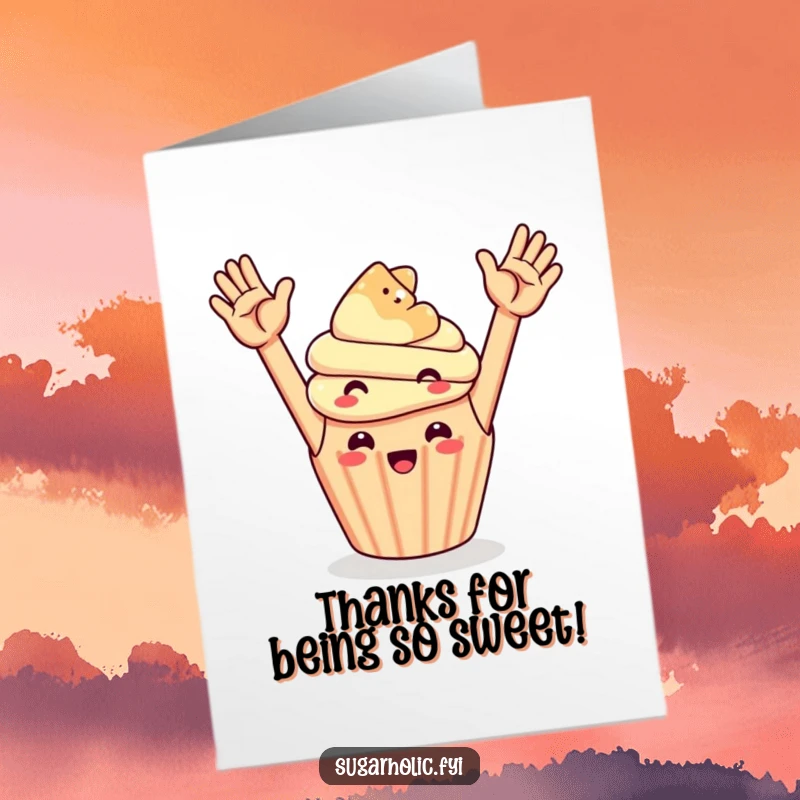 Funny free printable thank you card of a cheerful cupcake high-fiving a floating gummy bear.