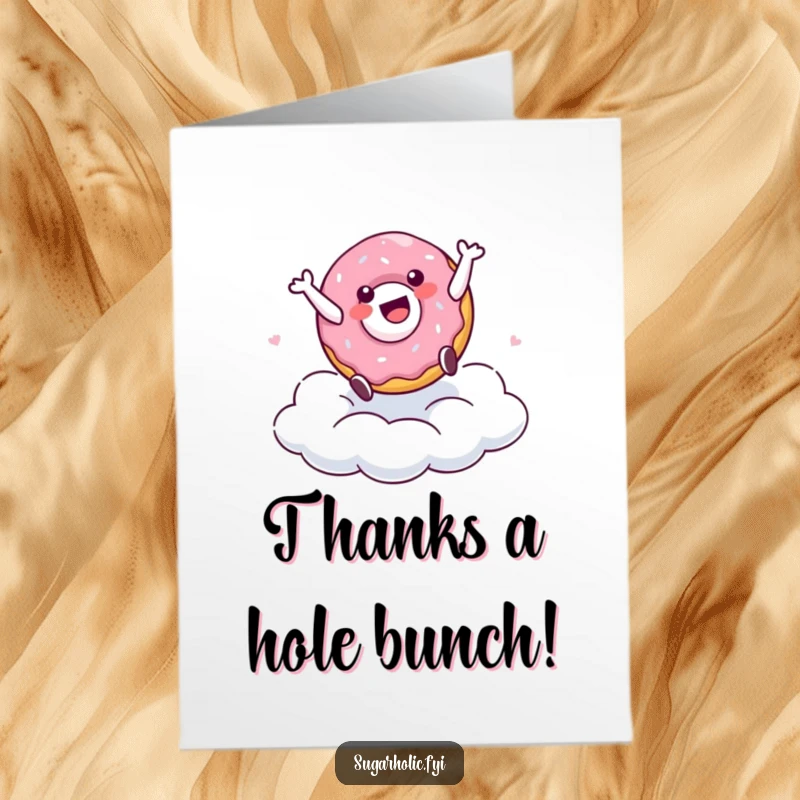 Funny Free Printable Doughnut Thank You Card: A happy doughnut character performs a cartwheel on a cloud, conveying thanks.