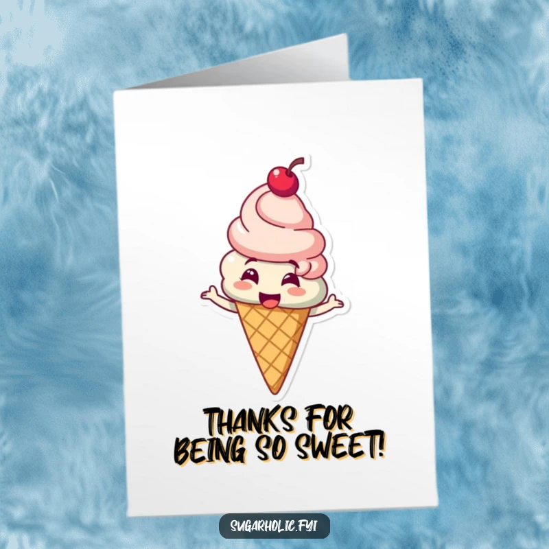 Funny Free Printable ice cream cone with a cherry, spinning happily to express sweet thanks.