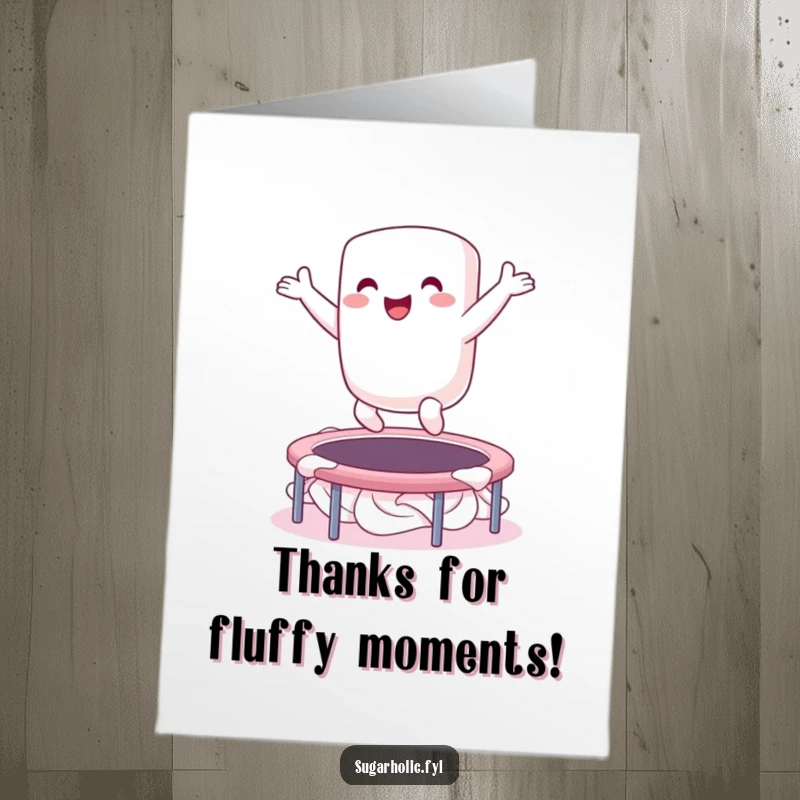 Funny Free Printable Marshmallow Thank You Card: An ecstatic marshmallow character bouncing on a whipped cream trampoline, conveying thanks.