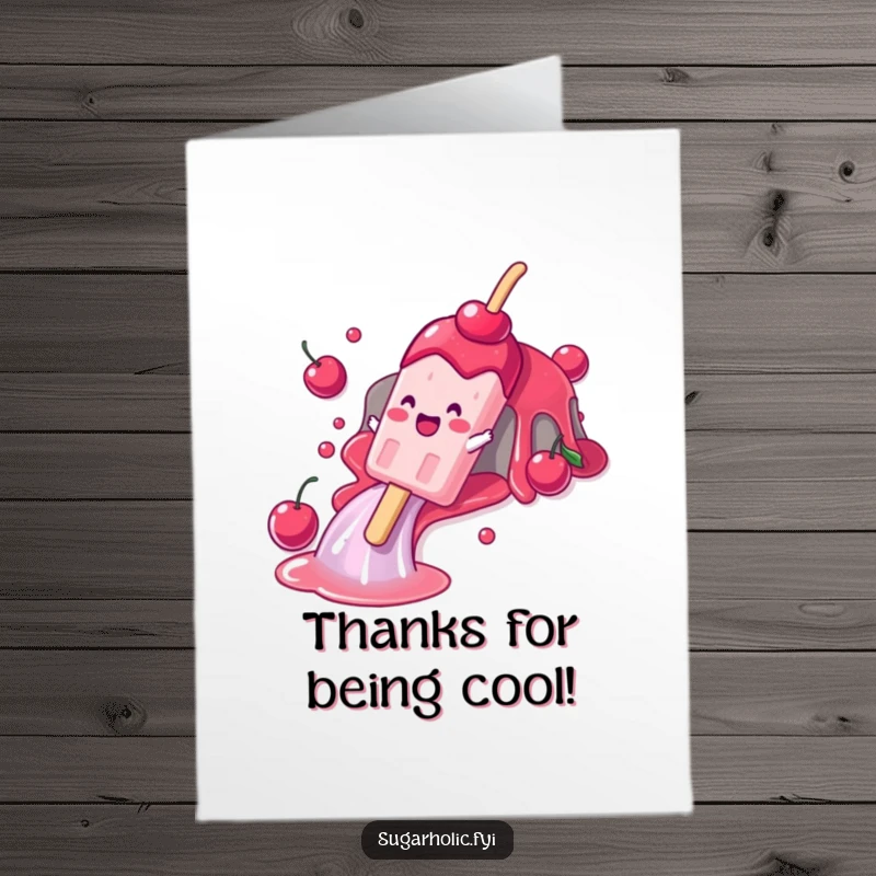 Funny Free Printable Popsicle Thank You Card: A gleeful popsicle character sliding down a cherry syrup waterfall, conveying thanks.