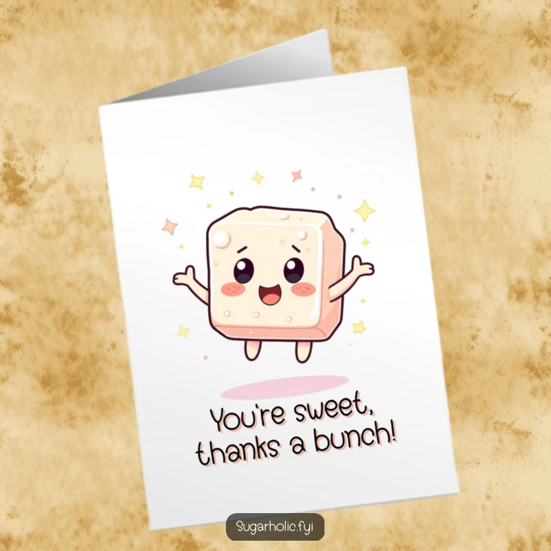 Sparkly Free Printable thank you card featuring a sugar cube character bouncing with excitement, showered in glittery sparkles.
