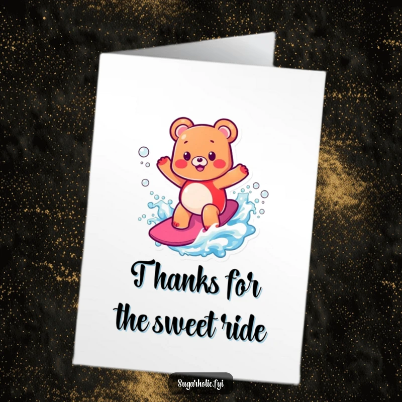 Funny Free Printable Thank You Card: A happy gummy bear surfing a fizzy soda wave, looking thrilled.