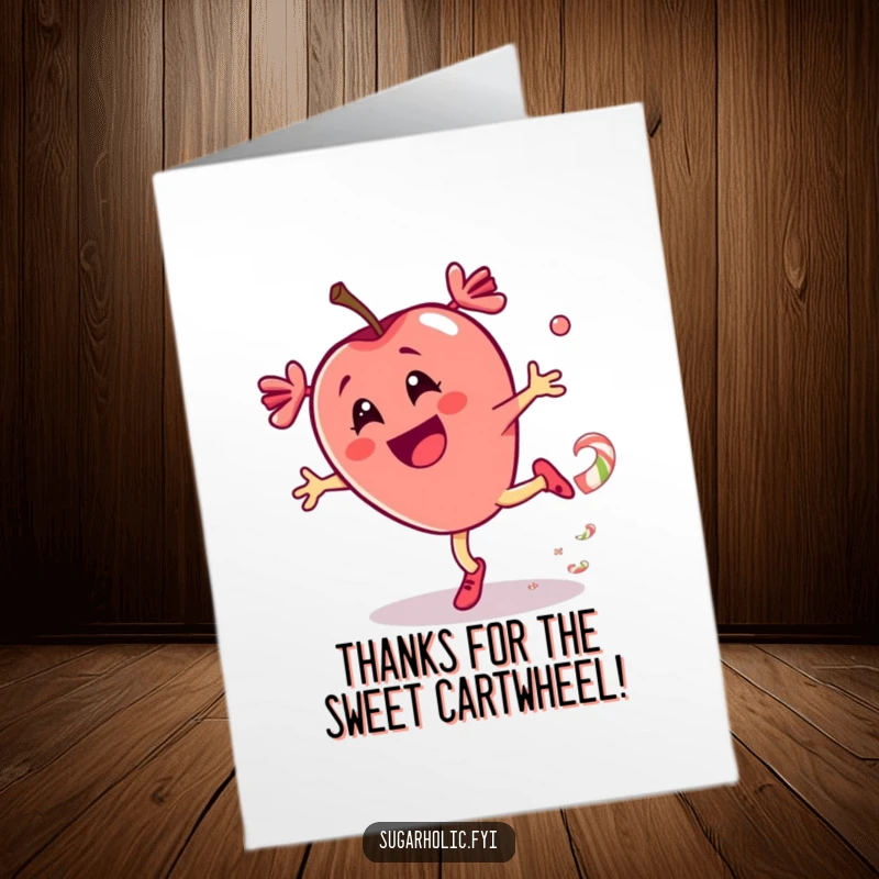 Funny Free Printable Thank You Card: A thrilled candy apple character doing a cartwheel leaves a trail of candy, signifying a sweet thank you.
