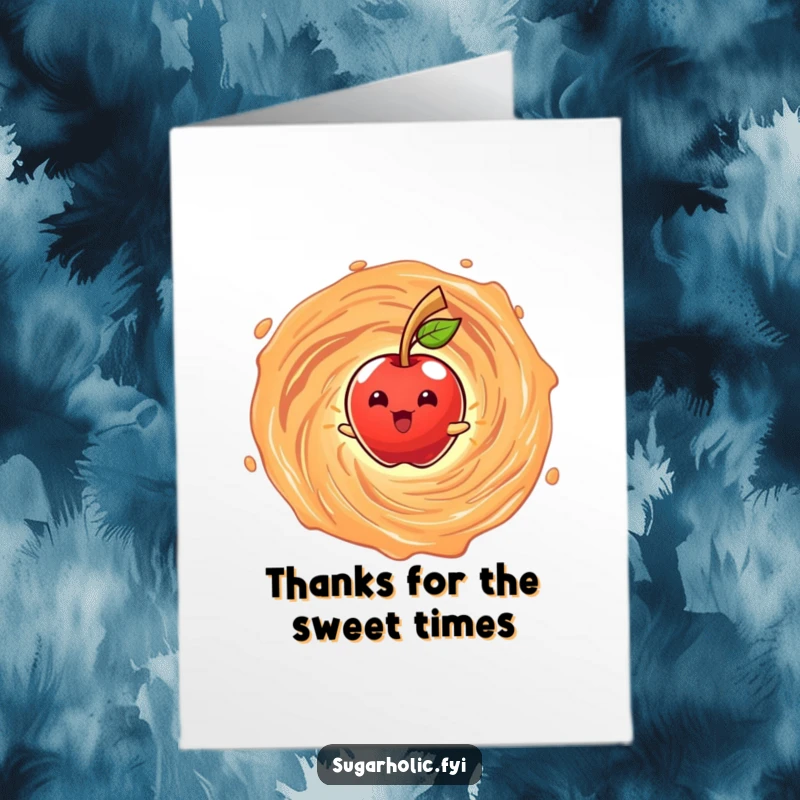 Funny free printable thank you card showing a beaming candy apple character happily spinning inside a delicious caramel vortex.
