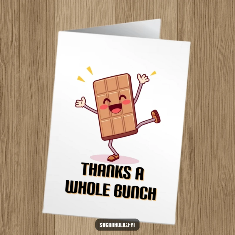 Funny free printable thank you card showing an excited chocolate bar character doing a joyful cartwheel to express thanks.