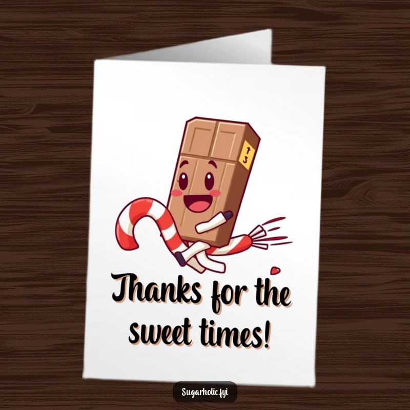 Funny Free Printable Thank You Card: Chocolate bar character rides a runaway candy cane, expressing sweet gratitude.