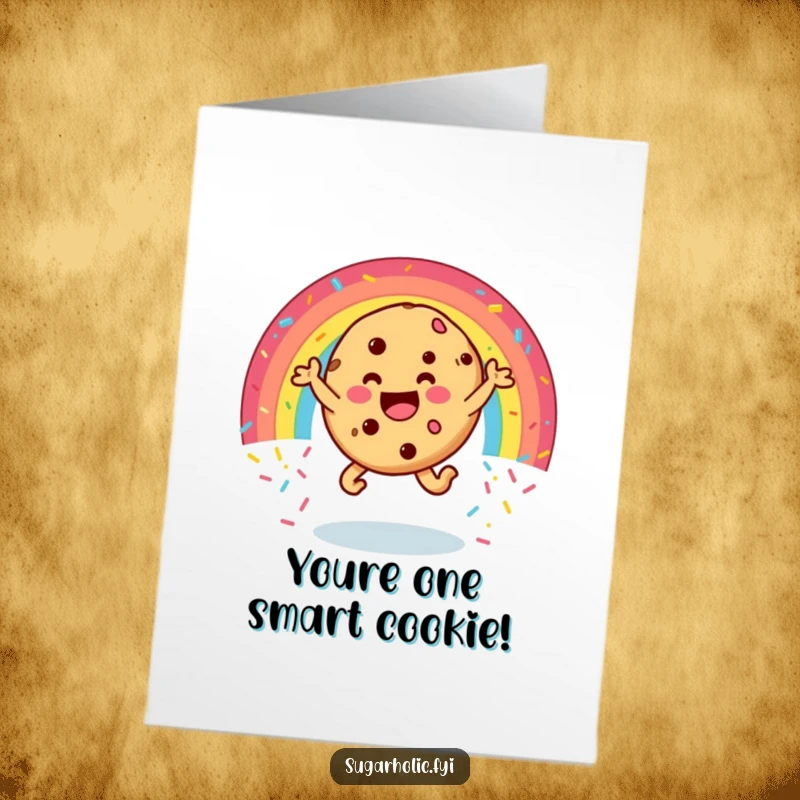 Funny free printable thank you card depicting a happy cookie character leaping with delight through a colorful rainbow of sprinkles, perfect for gratitude.