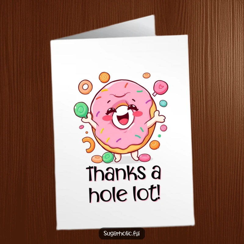 Funny free printable thank you card with a smiling donut character energetically juggling colorful candies, a sweet way to express gratitude.