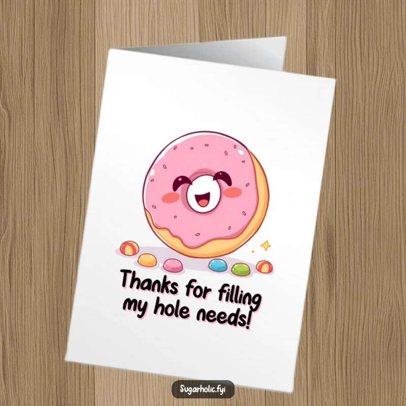 Funny Free Printable Thank You Card with a jovial donut attempting to catch candy, expressing thanks playfully.