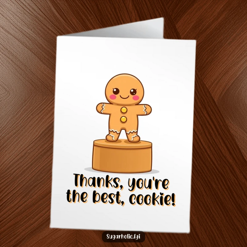 Funny free printable thank you card with a proud gingerbread cookie on a podium, celebrating a victory of gratitude.