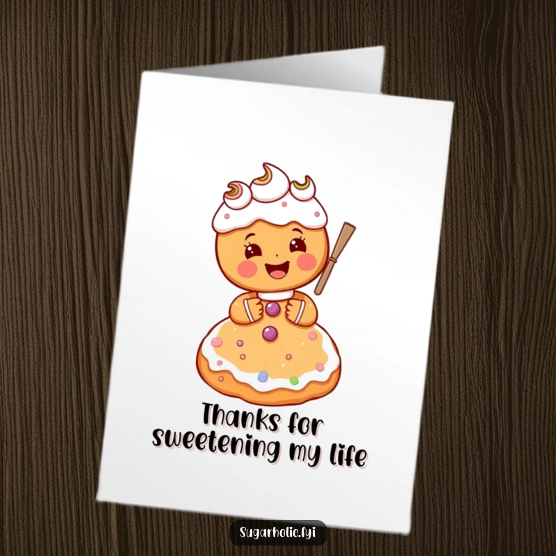 Funny Free Printable Thank You Card: A gingerbread person gleefully frosts a giant sugar cookie, expressing thanks.
