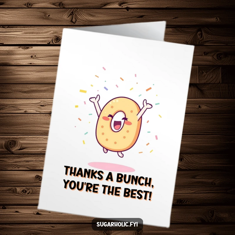 Funny Free Printable Thank You Card: Happy bagel character leaping with joy, showering confetti, perfect downloadable art.